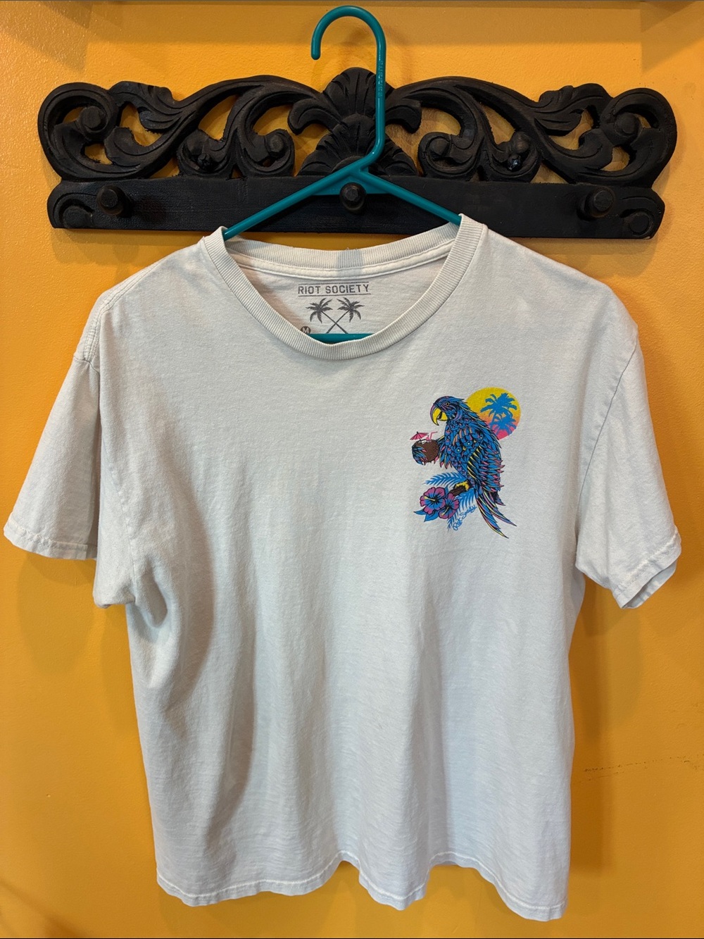 T-shirt with parrot graphic on hanger